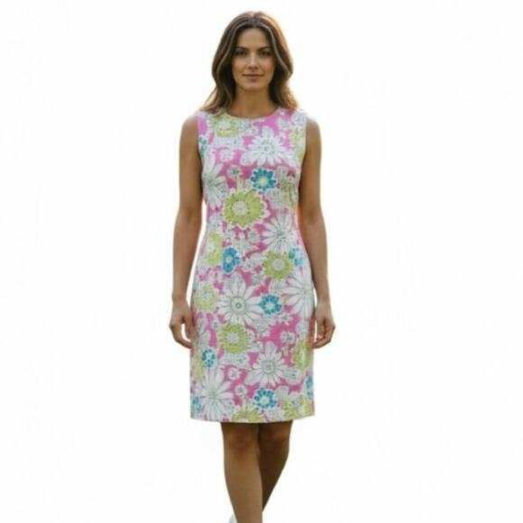 Chadwicks Dresses & Skirts - Chadwick’s Floral Pink Sleeveless Sheath Dress Size 6 Pink Blue Green White